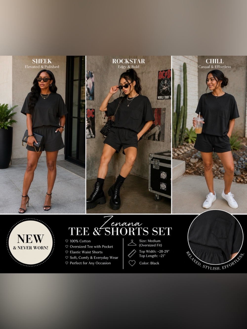 Zenana Black Oversized 100% Cotton Tee & Shorts Set – Medium